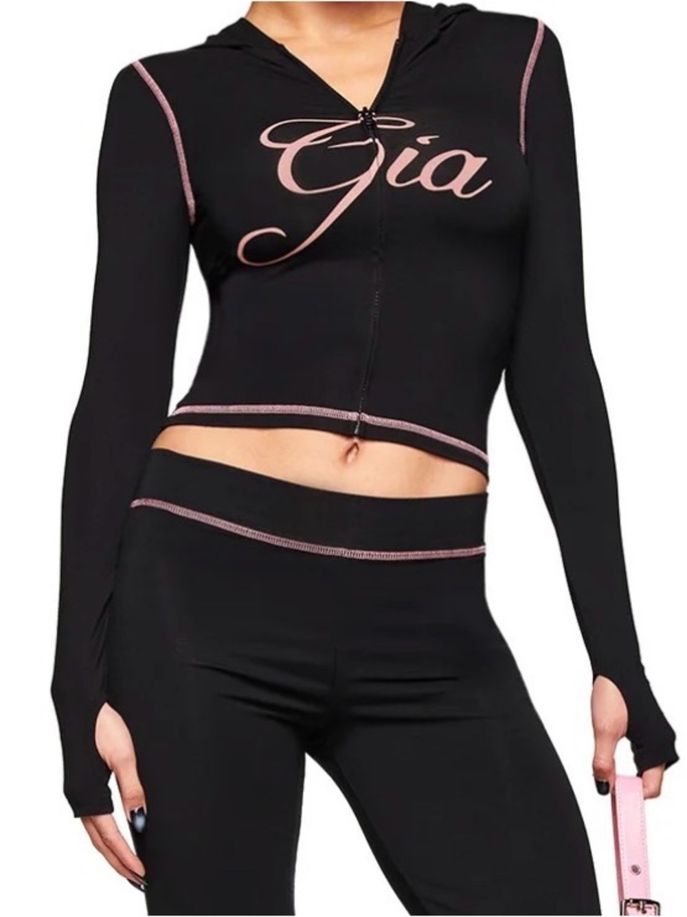 I.AM.GIA Black Crop Zip Hoodie with Pink Logo & Trim